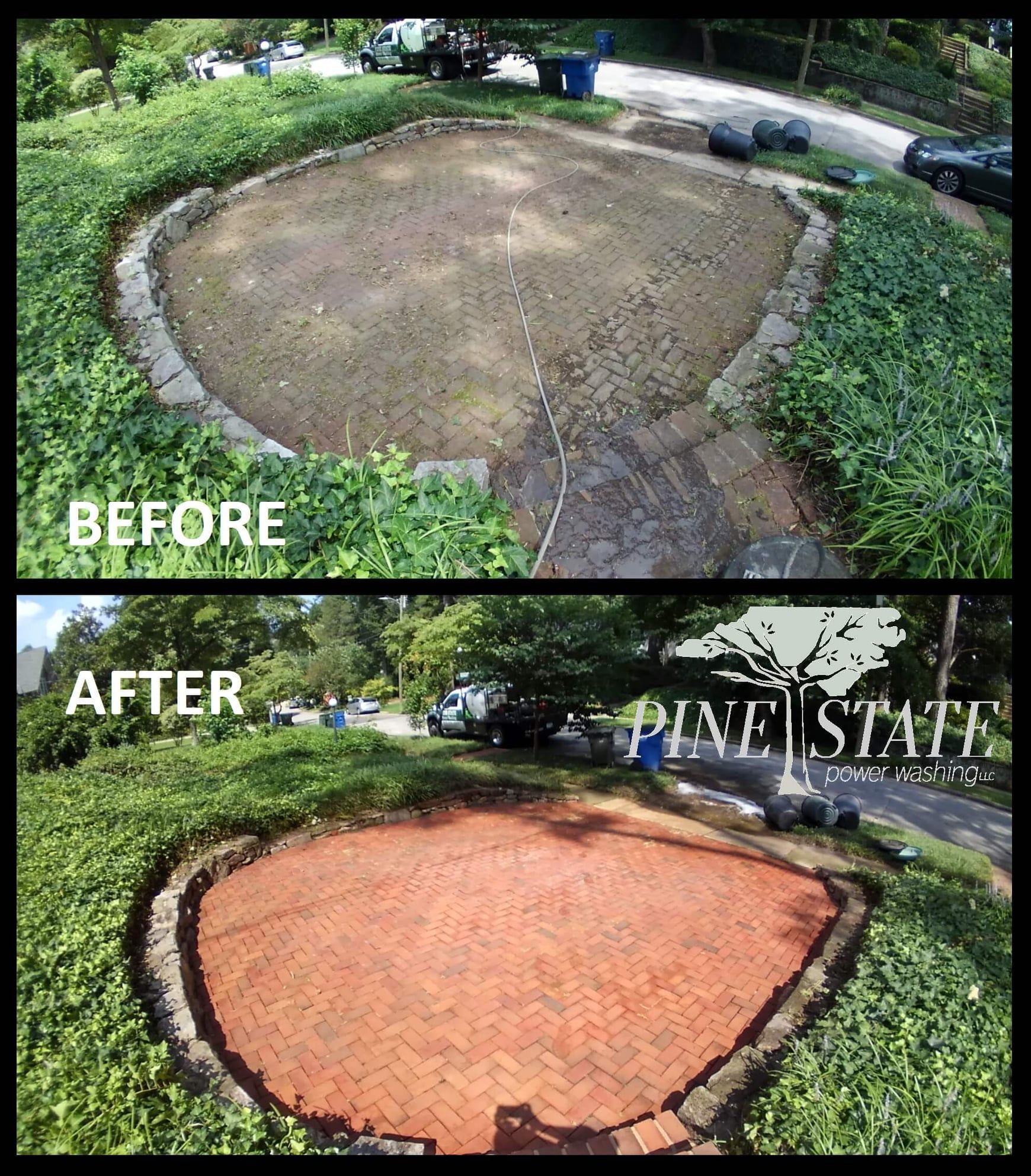 Before and after photos of a brick patio renovation surrounded by green hedges, featuring a company logo.