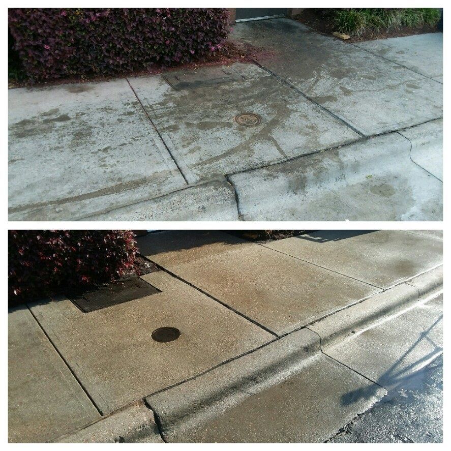 A before and after photo of a concrete sidewalk