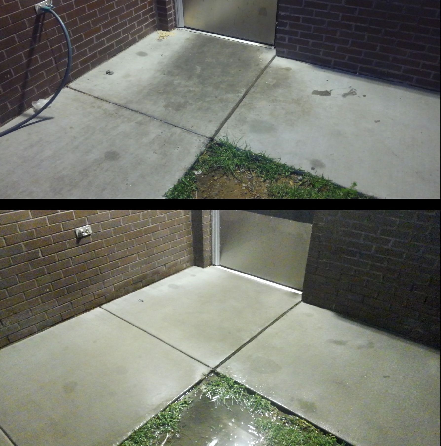 A before and after photo of a concrete sidewalk