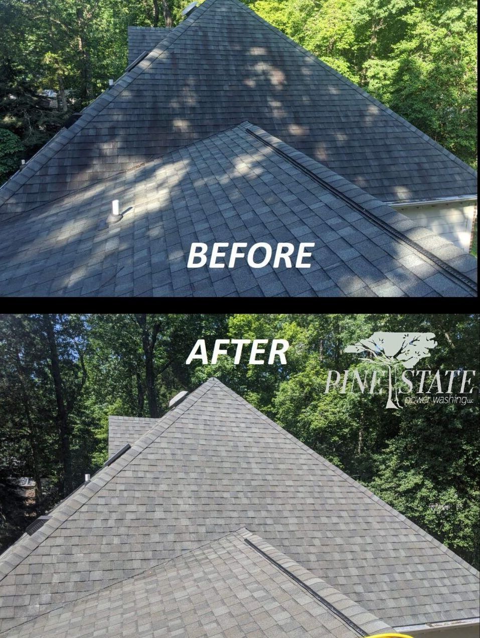 Before and after comparison showing a residential roof cleaned of dark stains, restoring its original grey color.