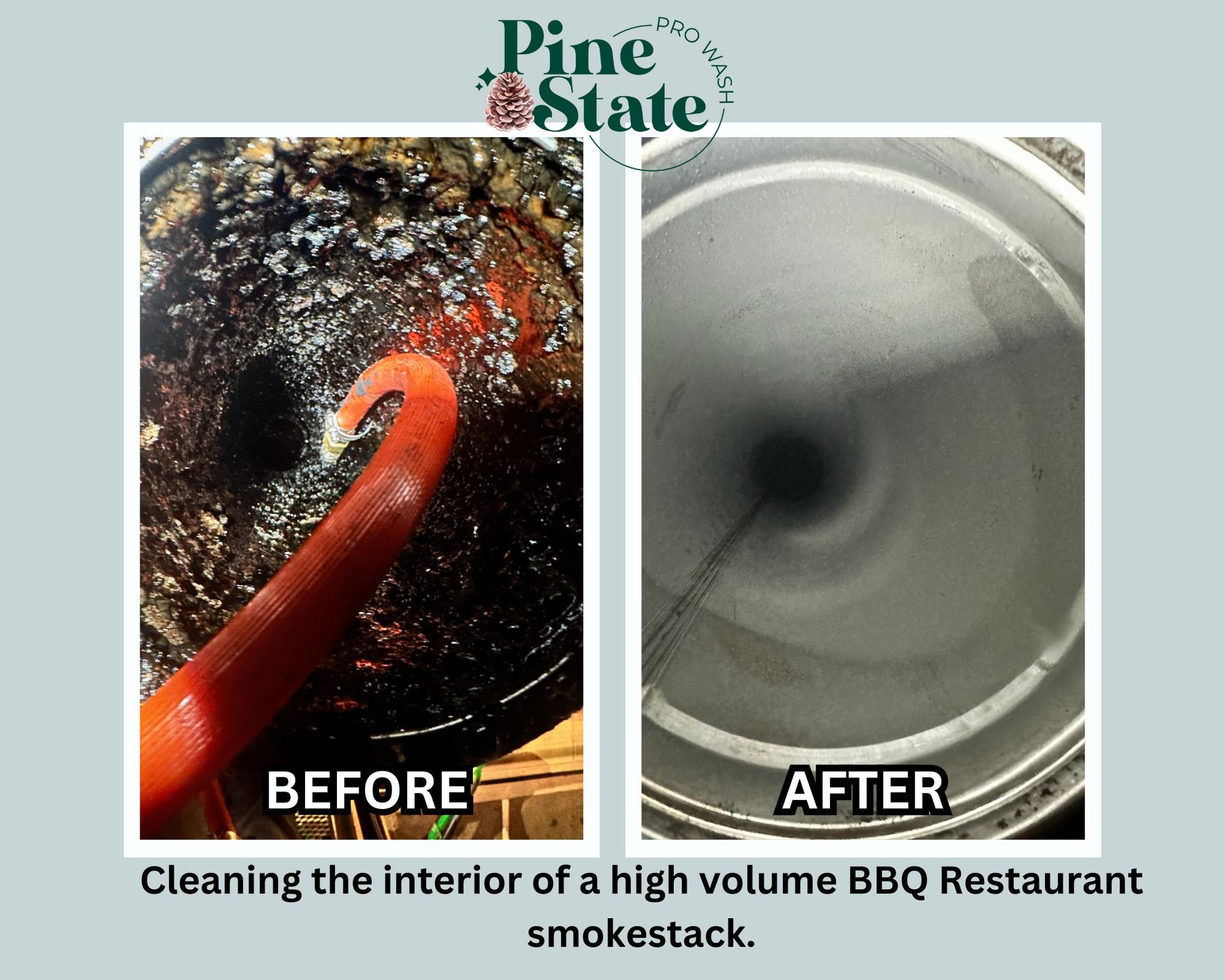 A before and after picture of a high volume bbq restaurant smokestack
