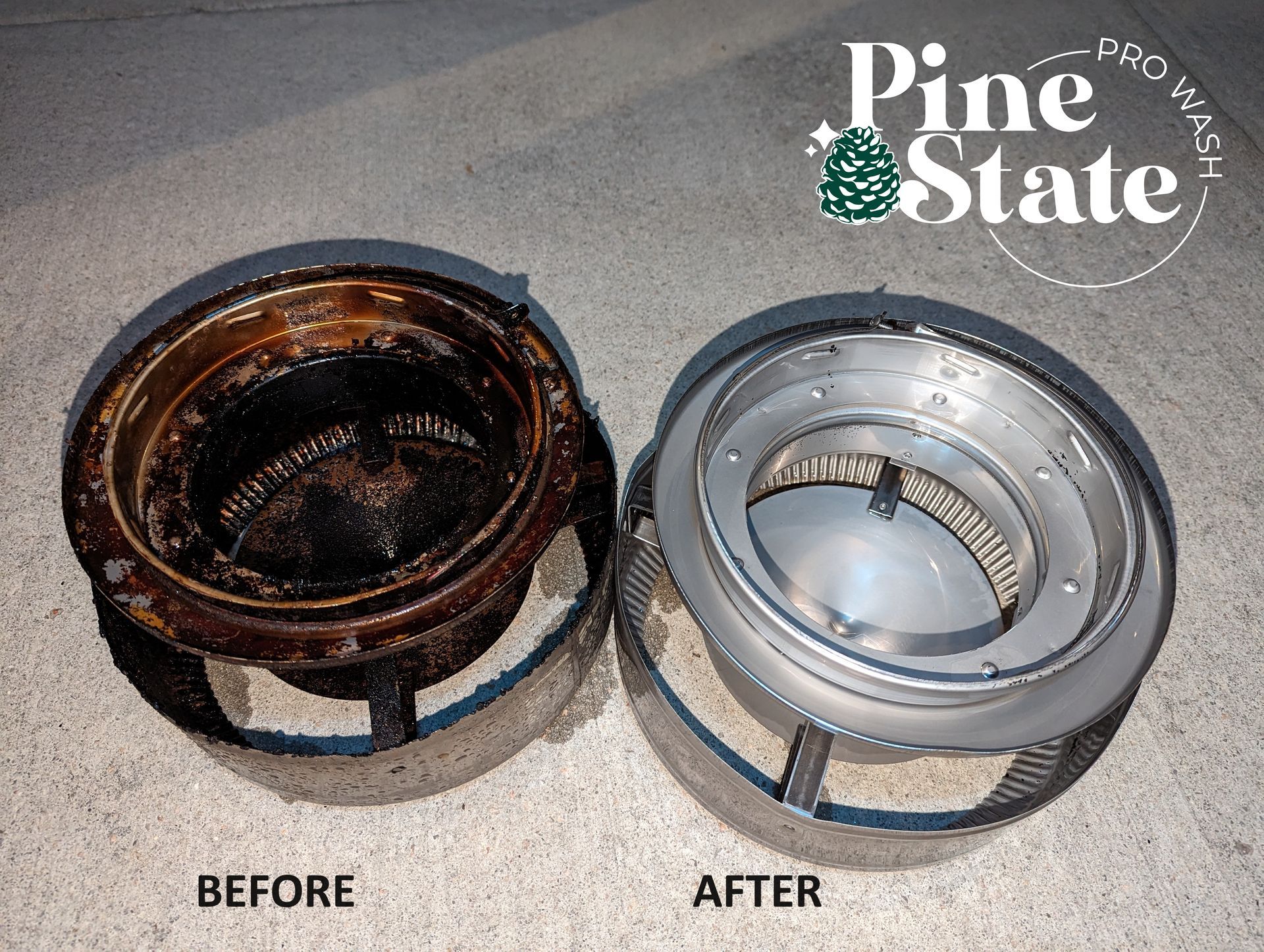 A before and after picture of a stove with pine state written on the bottom