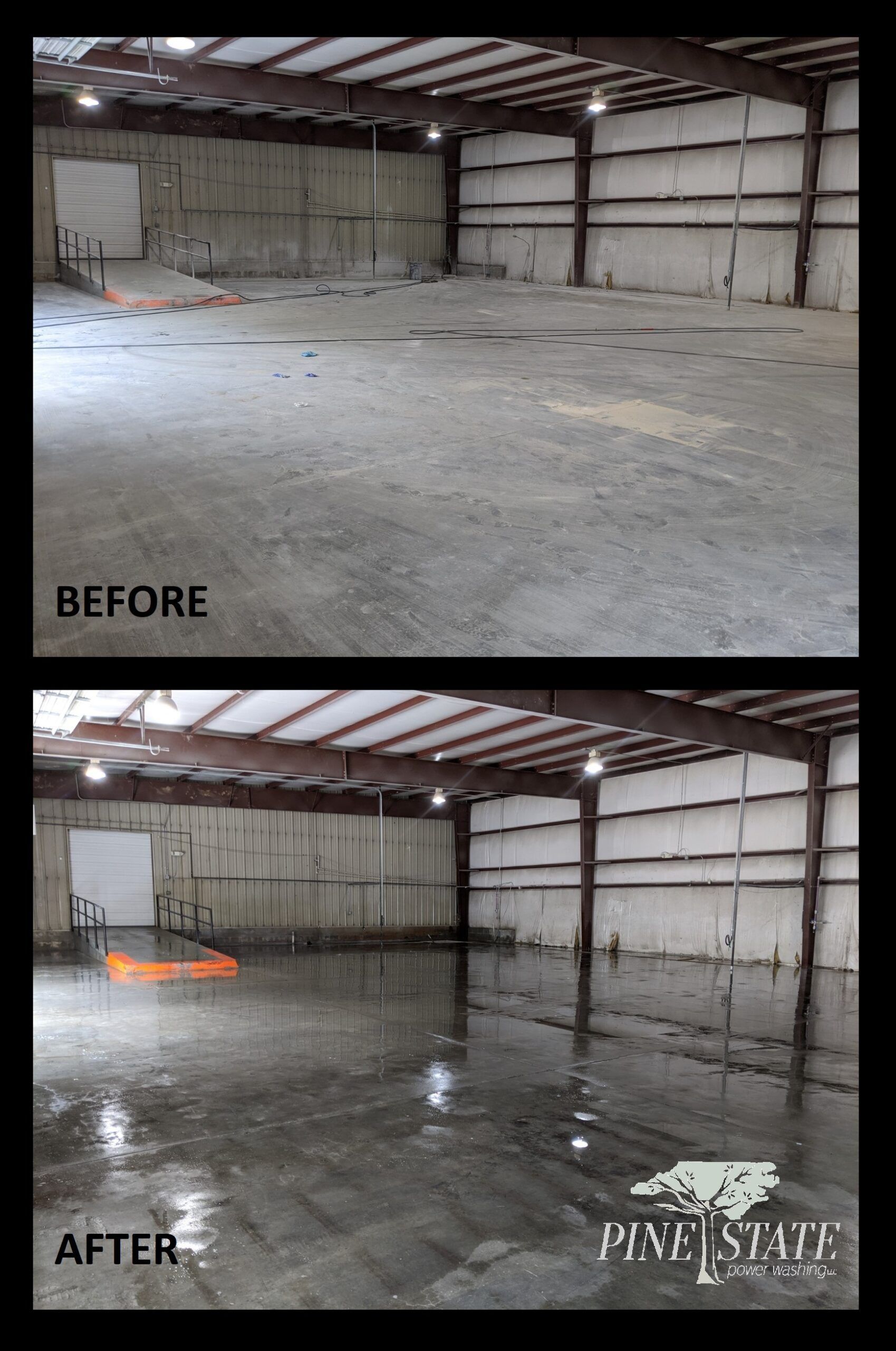 Before and after comparison of a warehouse floor showing a dull concrete surface transformed by a glossy epoxy coating.