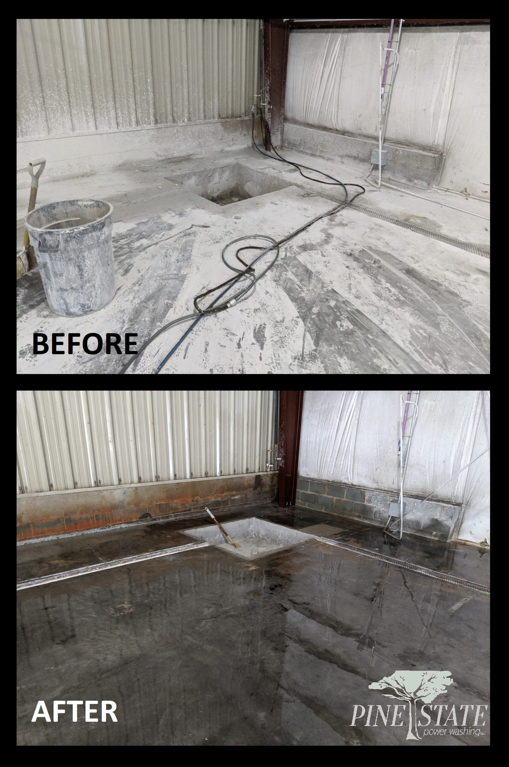 A before and after comparison of a floor showing a dry, dusty surface being transformed into a clean, shiny epoxy floor.