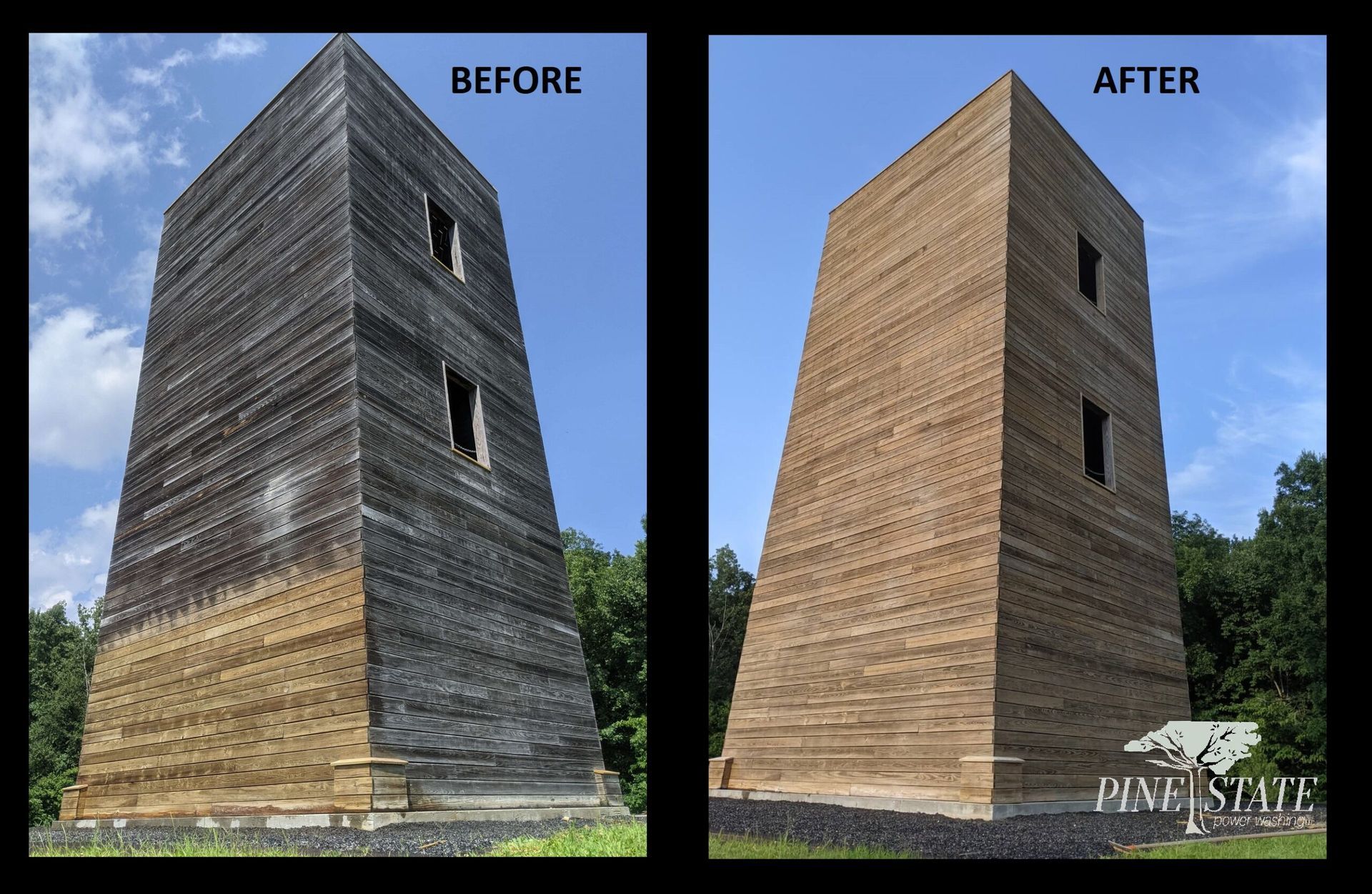 Before and after comparison of a tall, wooden structure being cleaned, showing the transition from gray to light brown.