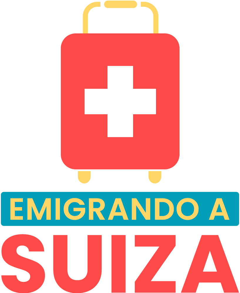 logo Emigrando a Suiza Una maleta roja con una cruz suiza y las palabras emigrando a suiza debajo