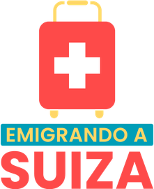 logo Emigrando a Suiza Una maleta roja con una cruz suiza y las palabras emigrando a suiza debajo