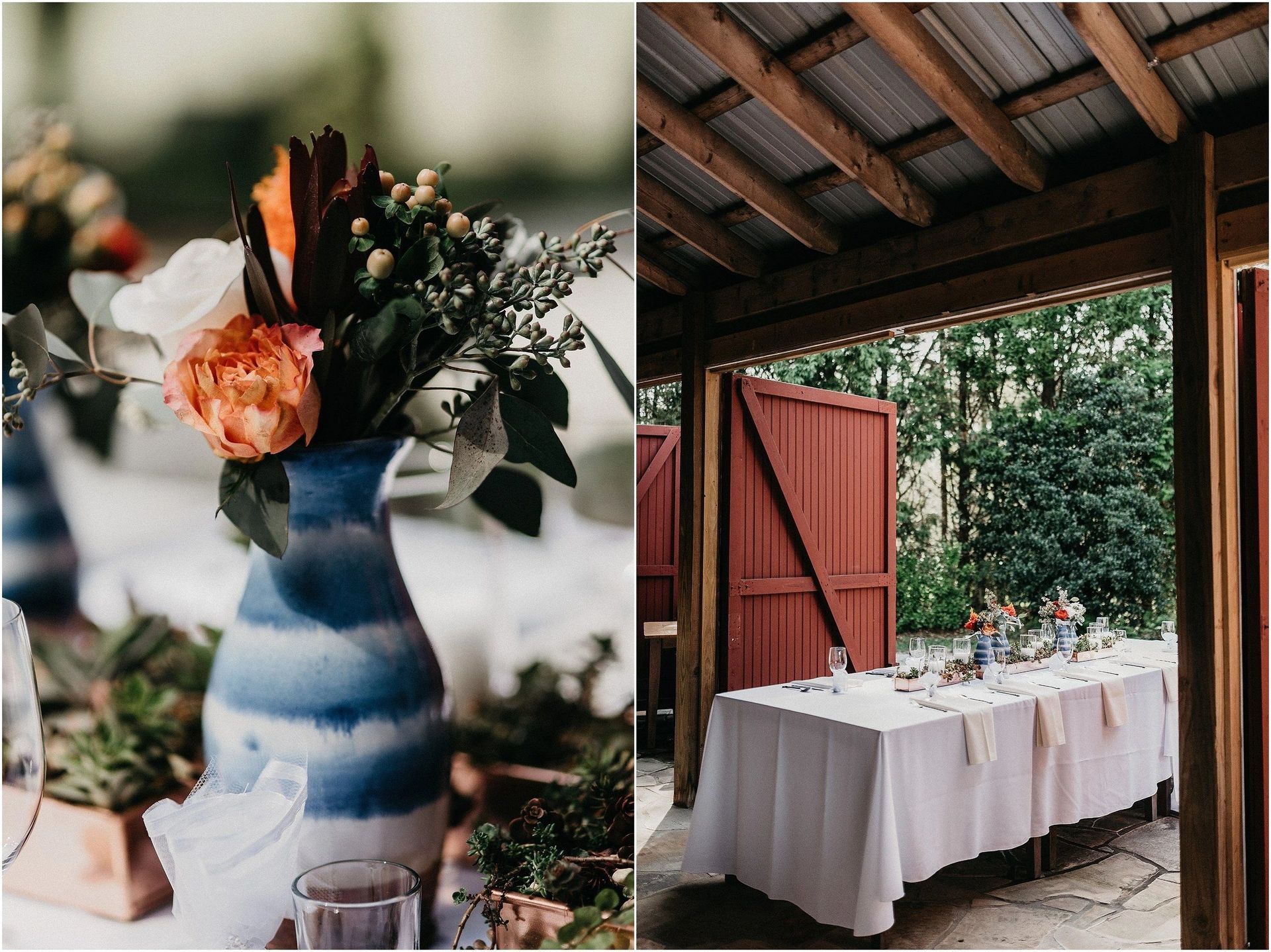 A vase of flowers is on a table next to a table with a white table cloth.