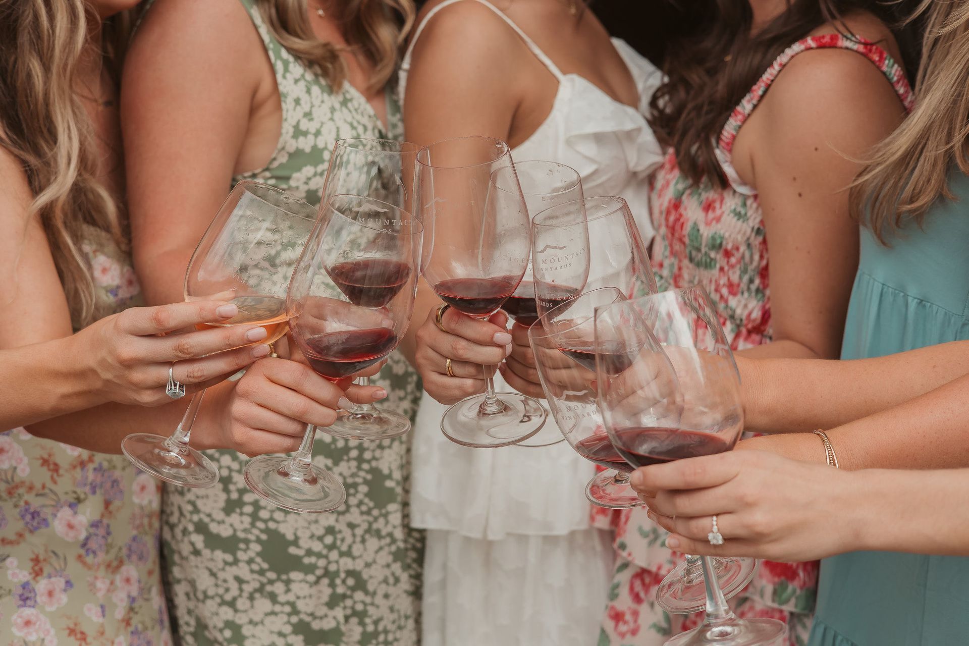 Group of girls holding wine glasses together