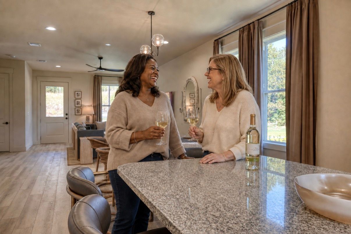 Two women laugh over a glass of White Tiger wine at The Retreats at Tiger Mountain