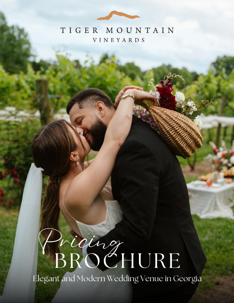 A brochure for tiger mountain vineyards shows a bride and groom kissing.