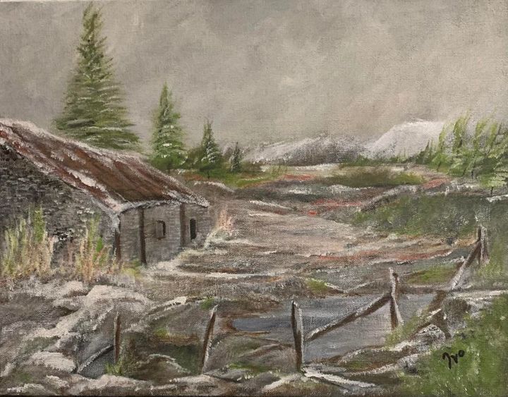 A painting of a house in the middle of a forest