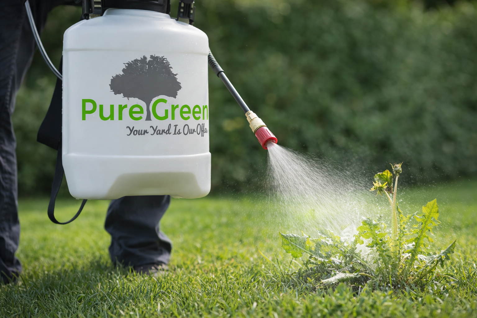 Person spraying weed killer on grass with a backpack sprayer labeled “PureGreen”