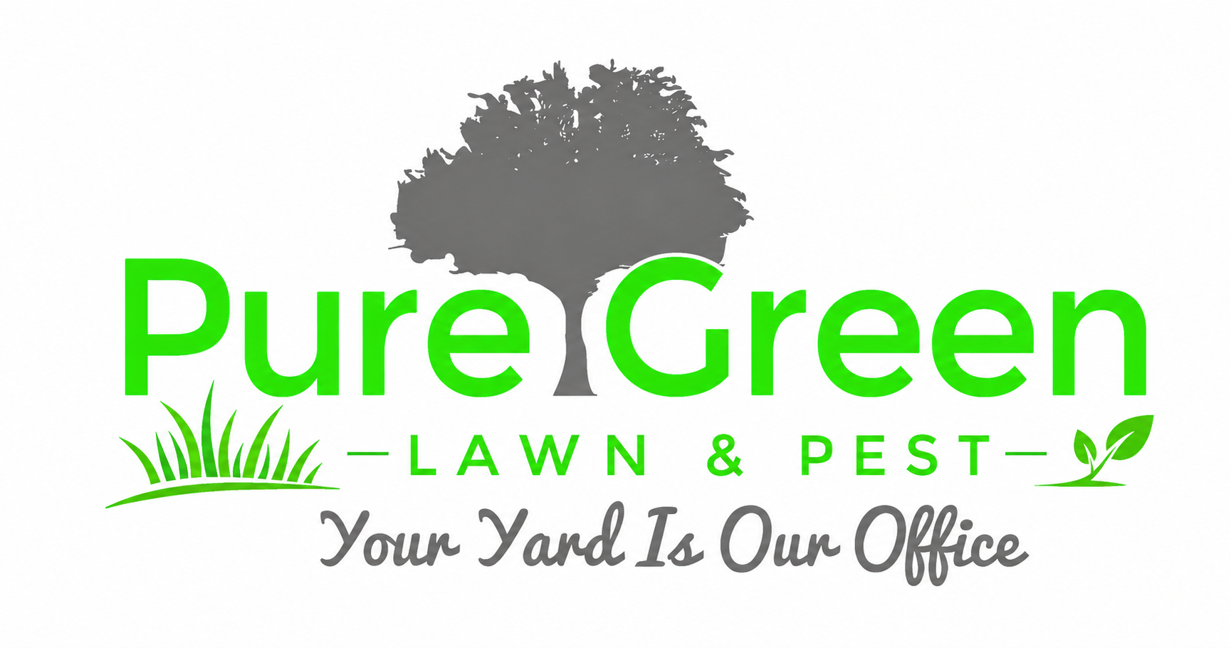 PureGreen Lawn & Tree logo with green text, tree silhouette, and tagline “Your Yard Is Our Office”