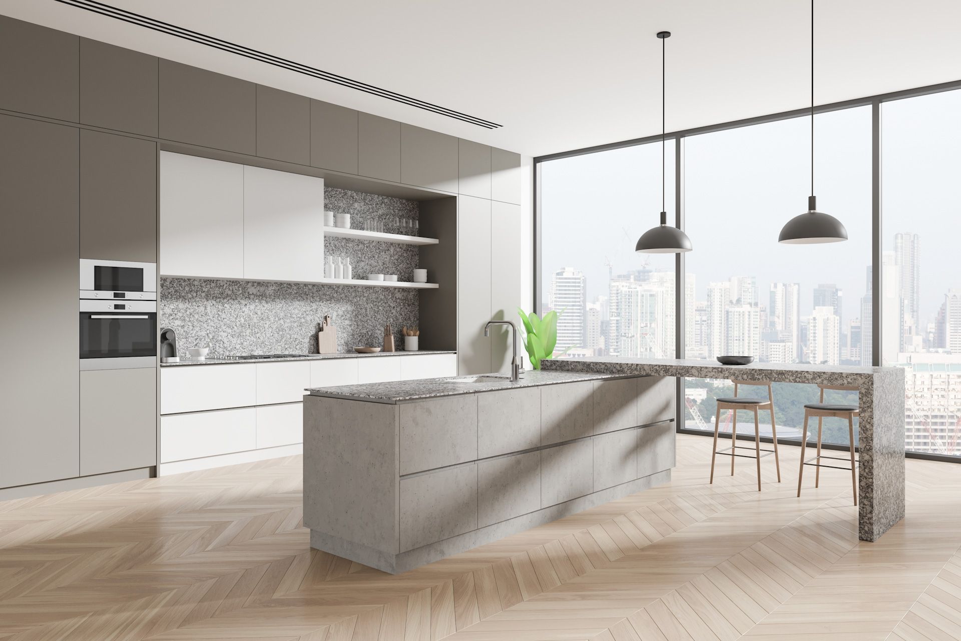 A modern kitchen with a large island and a large window.