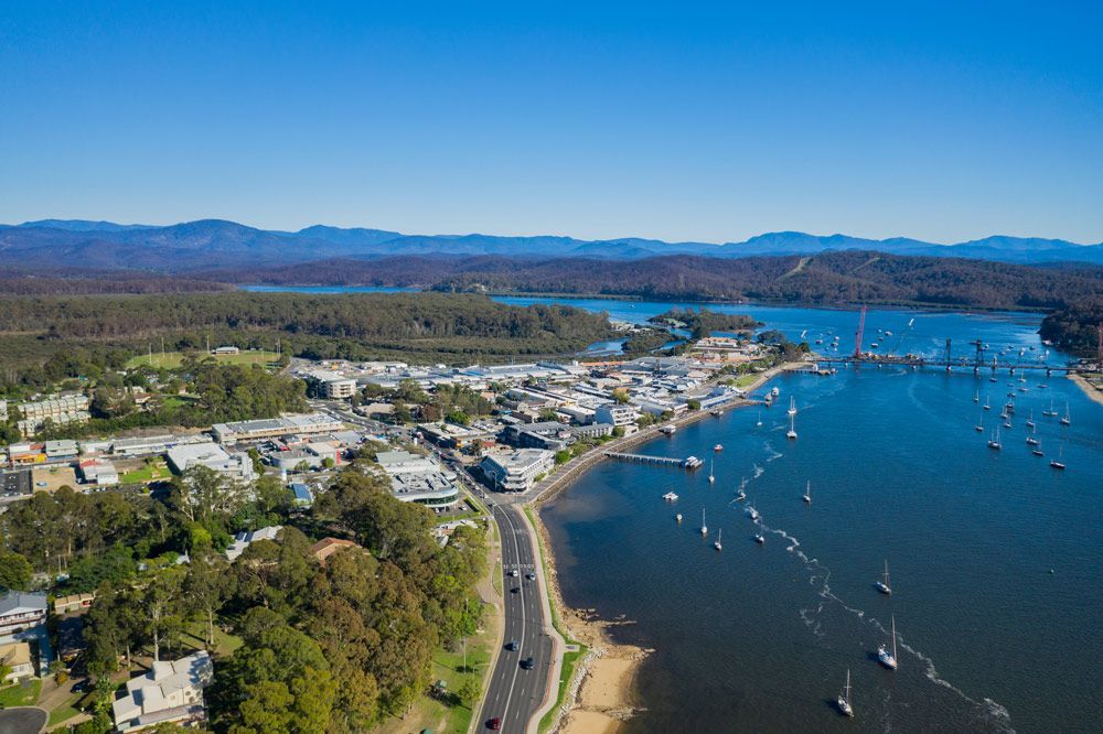 Panoramic aerial drone view of Batemans Bay — Air Conditioning Repairs in Batemans Bay NSW