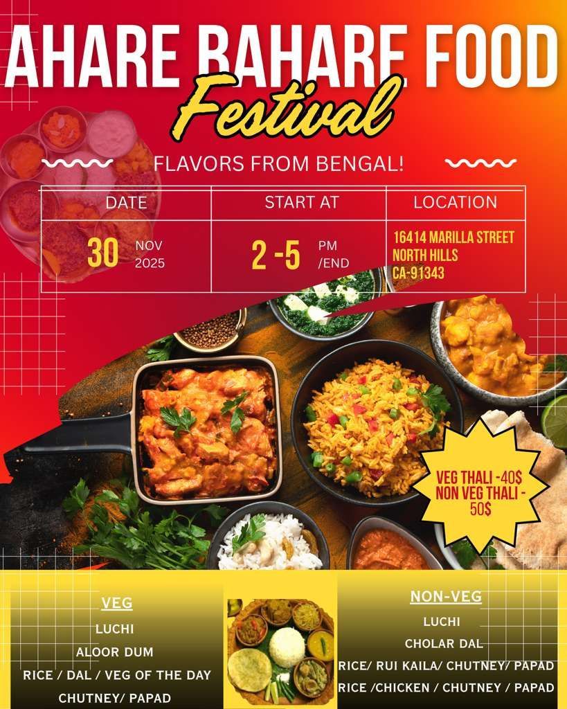 Ahare Bahare Food Festival poster with Bengali food dishes and event details on a red-orange background