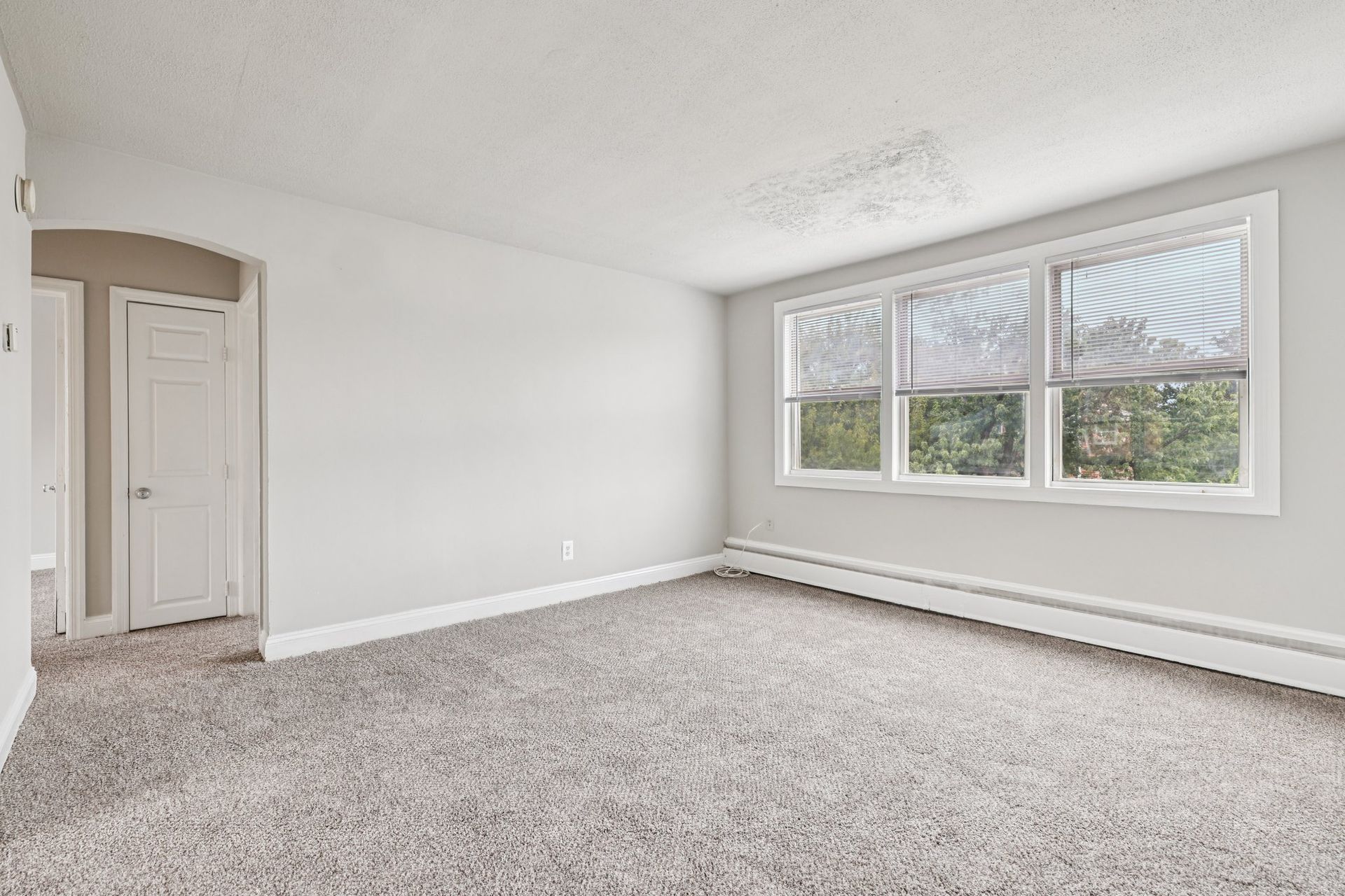 Empty room with light gray walls, carpet, and three-pane window with blinds.