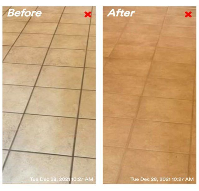 Side-by-side tiles: Before, dirty; After, clean. Light brown tiles, dark grout. Date/time stamp.