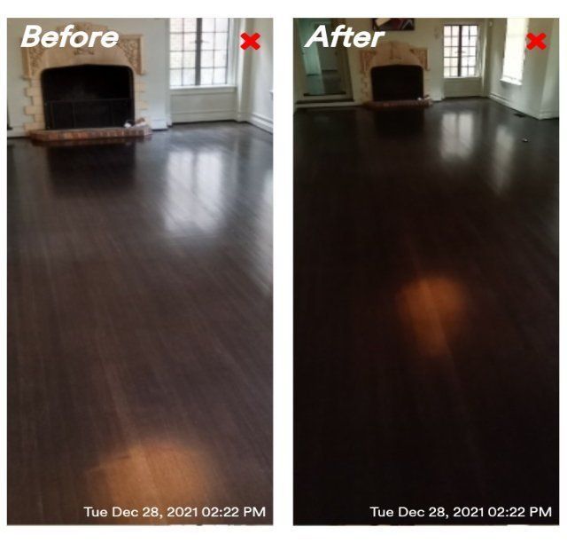 Comparison of a wood floor before and after treatment, showing a darker, more reflective finish.
