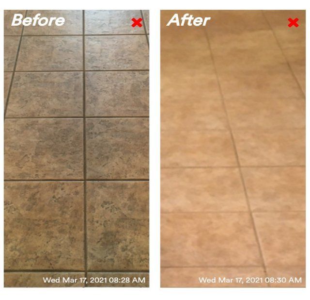 Before and after tile cleaning. Dirty brown tile on the left, clean lighter brown tile on the right.