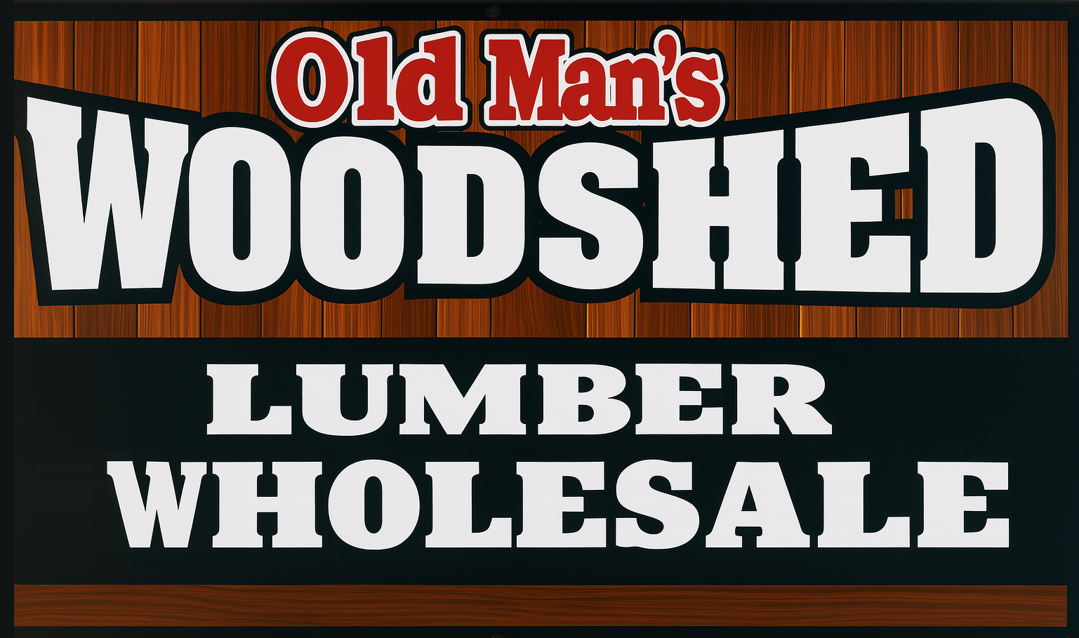 Logo for Old Man's Woodshed: wood-textured background, white text on dark green,