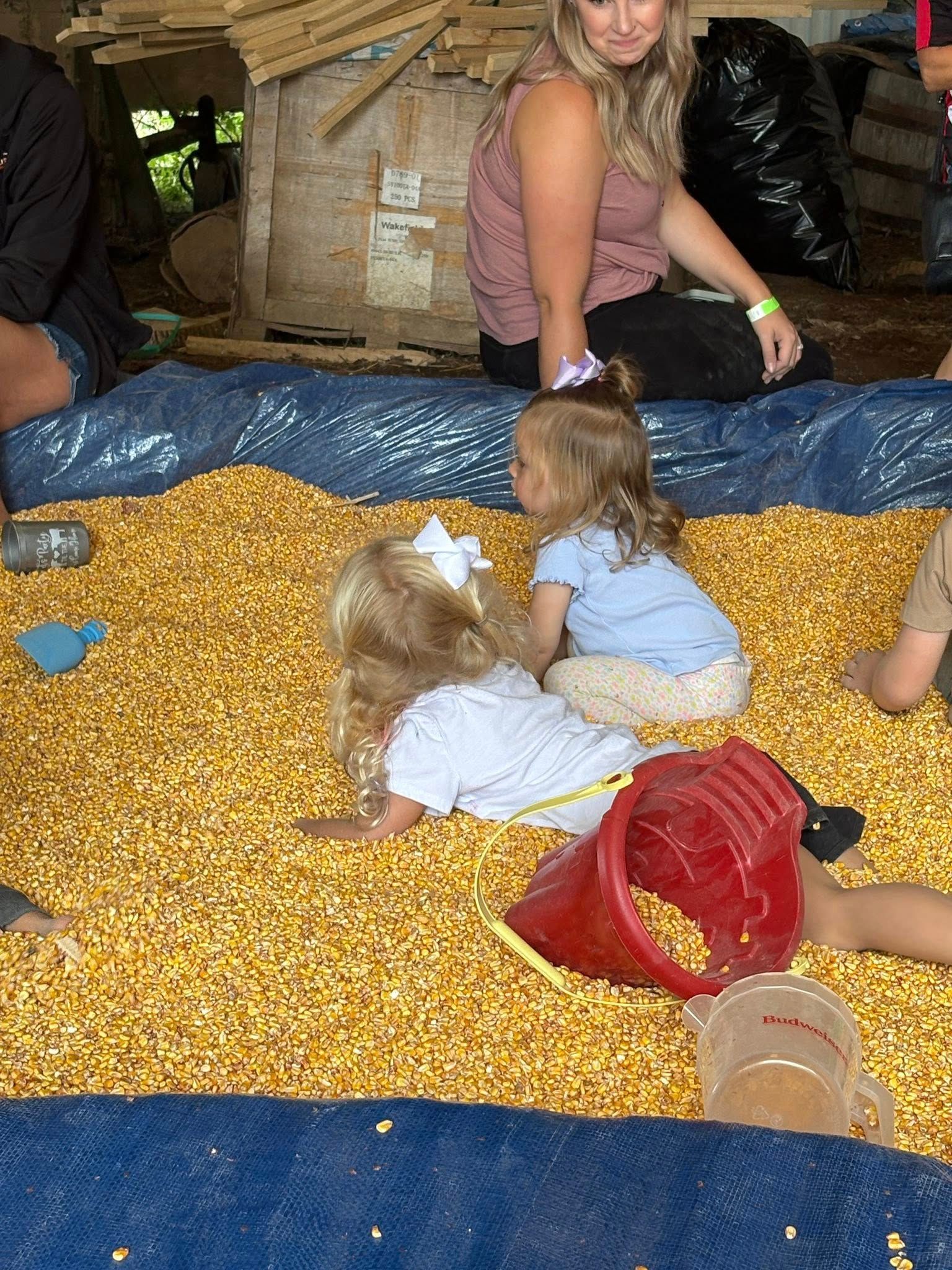 Children playing in a corn pit; adult woman watches. Red bucket and clear cup visible.