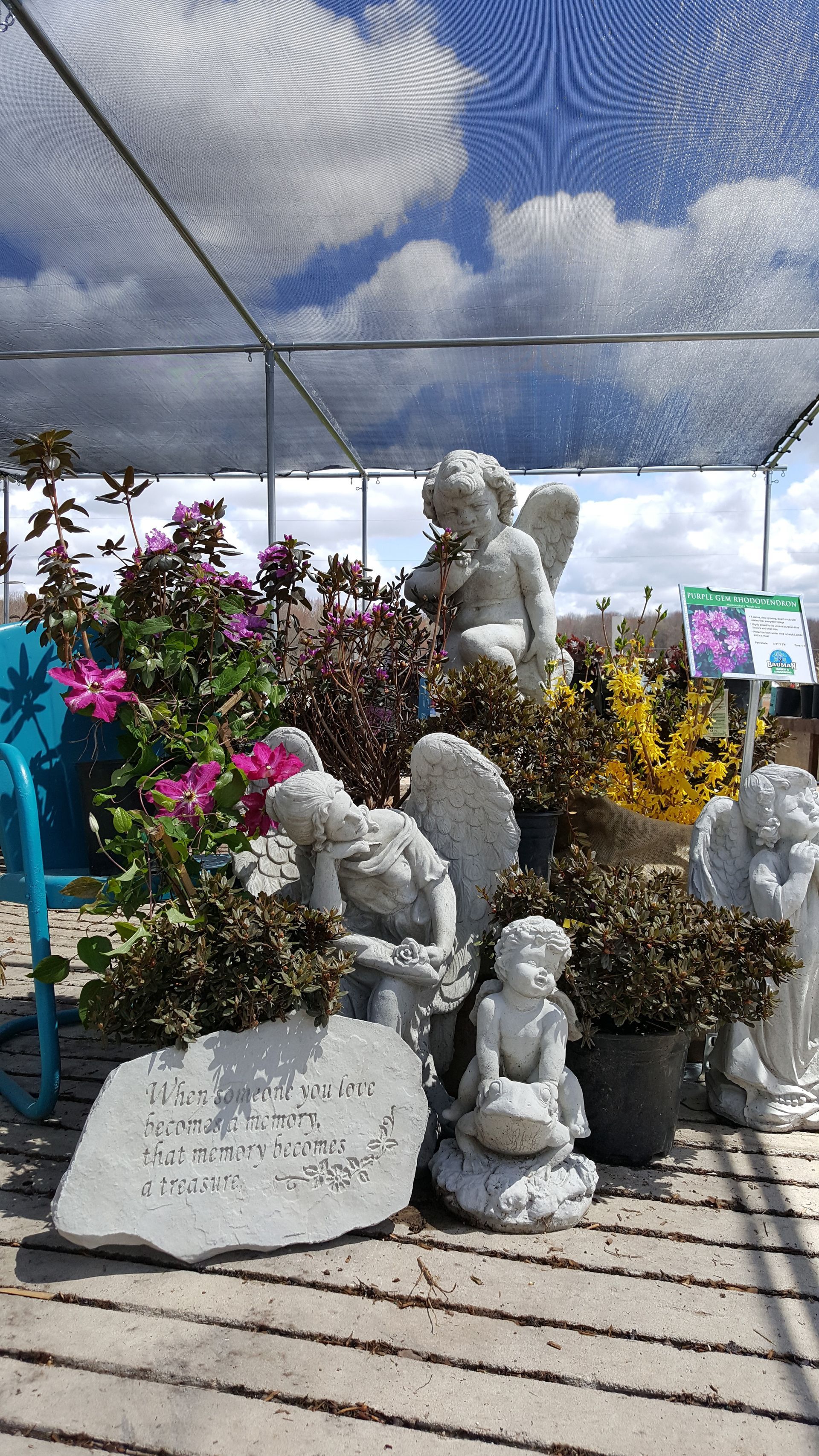 Garden scene with angel statues, flowers, and a blue chair under a shade structure.