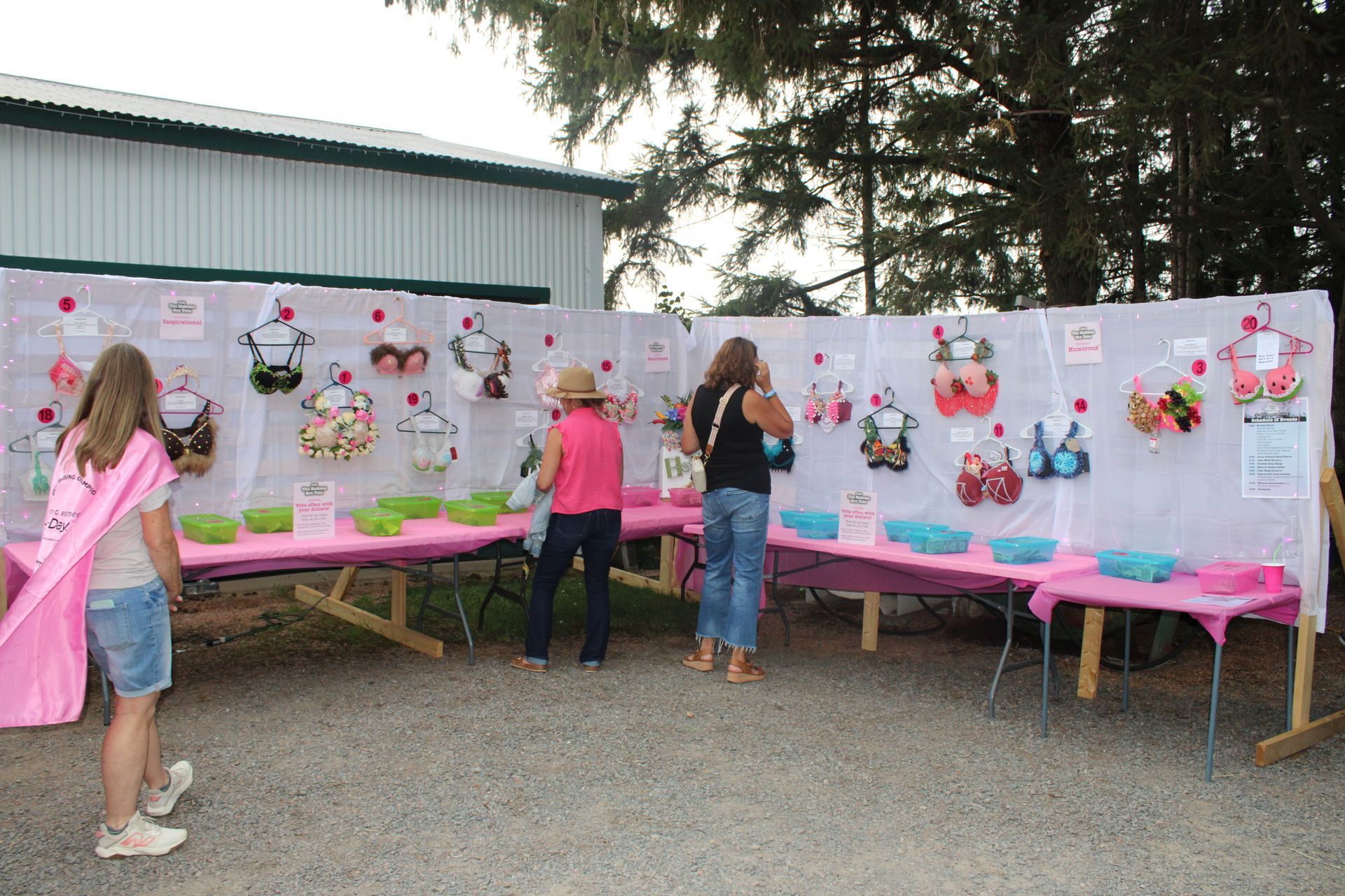 People at a fair game booth with prizes on display and pink tables. A girl with a cape looks on.