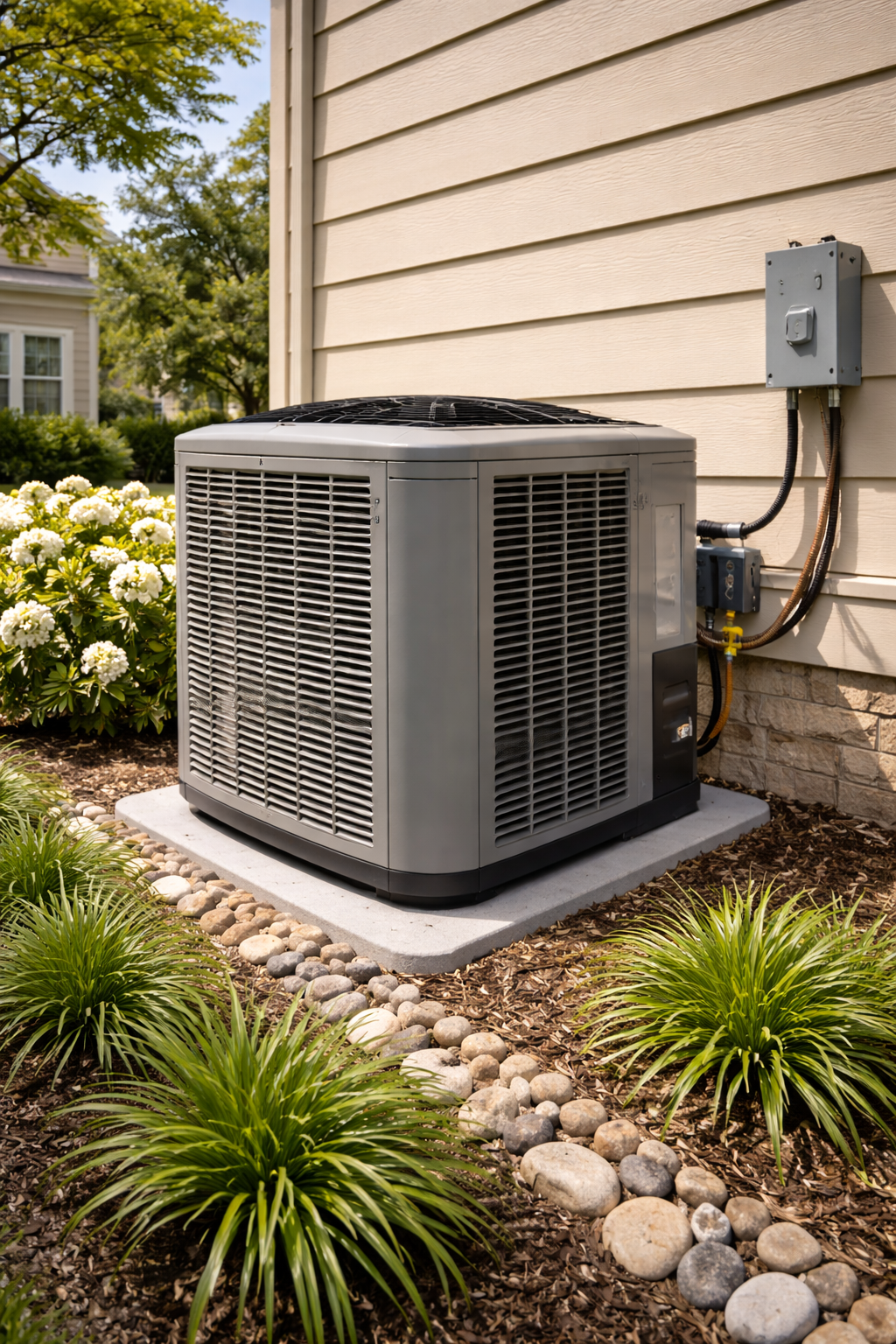 Outdoor central air conditioner beside a beige house, with electrical box and landscaped stones and plants