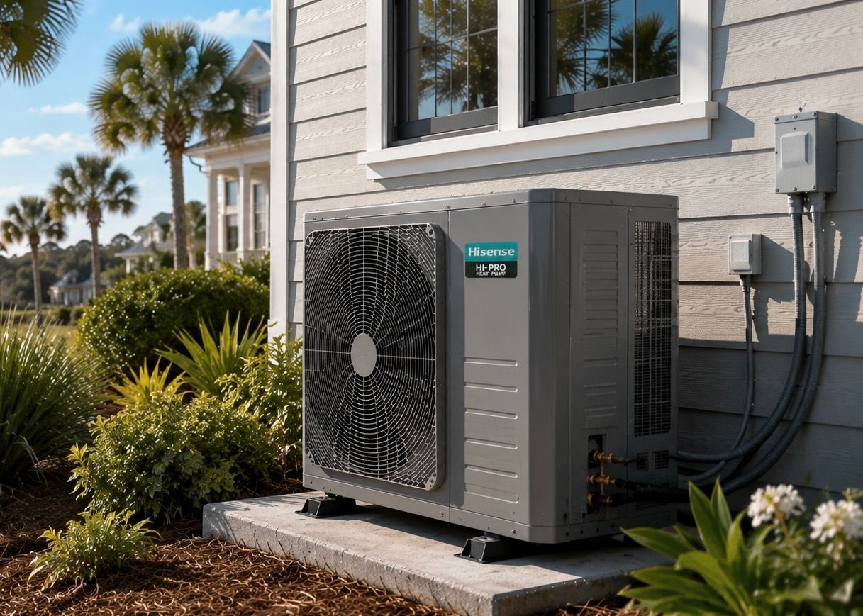 Two outdoor air conditioners beside a house with gray siding and landscaped shrubs