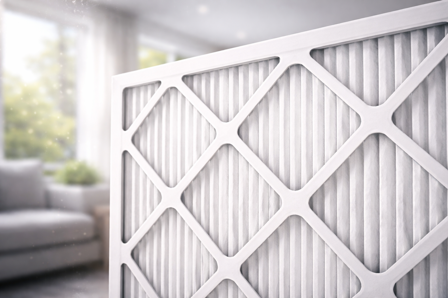 White decorative room divider with diamond lattice pattern in a bright living room