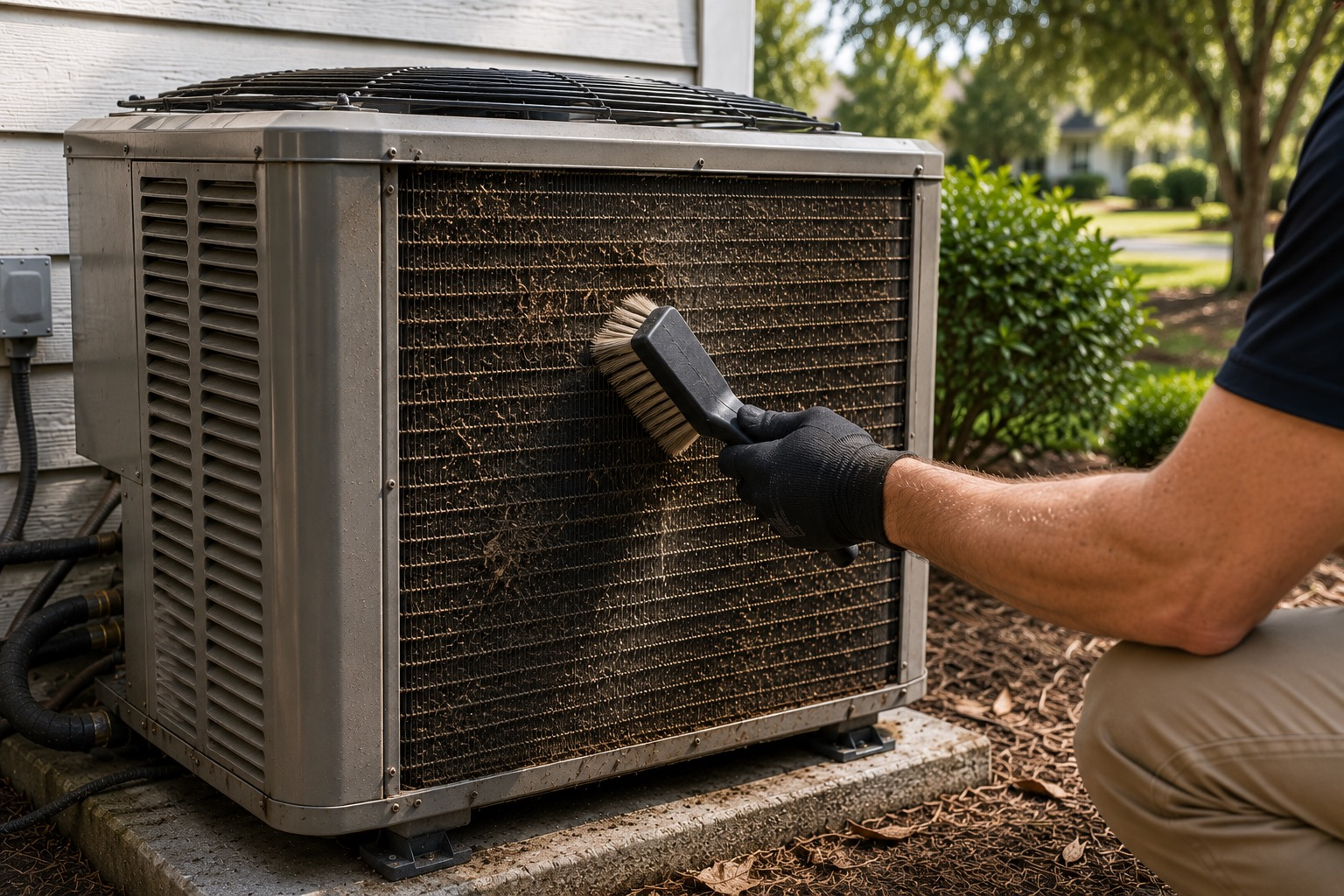 Gloved hand cleaning an outdoor air conditioner unit with a brush