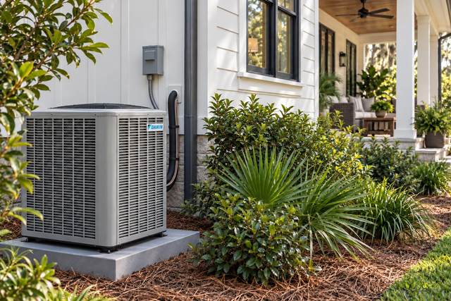 Outdoor central air conditioner unit beside a house with green shrubs and yellow flowers