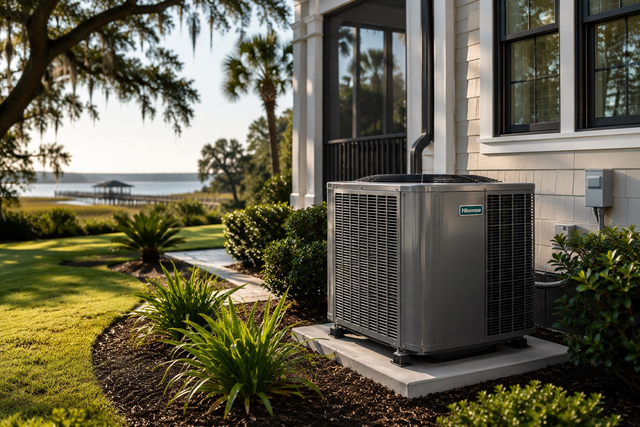 Outdoor central air conditioner unit beside a house with green shrubs and yellow flowers