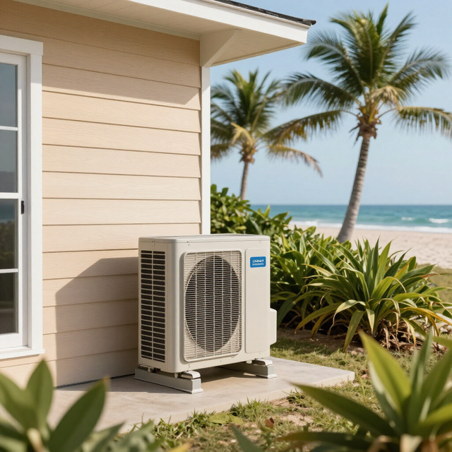 Outdoor central air conditioner unit beside a house with green shrubs and yellow flowers