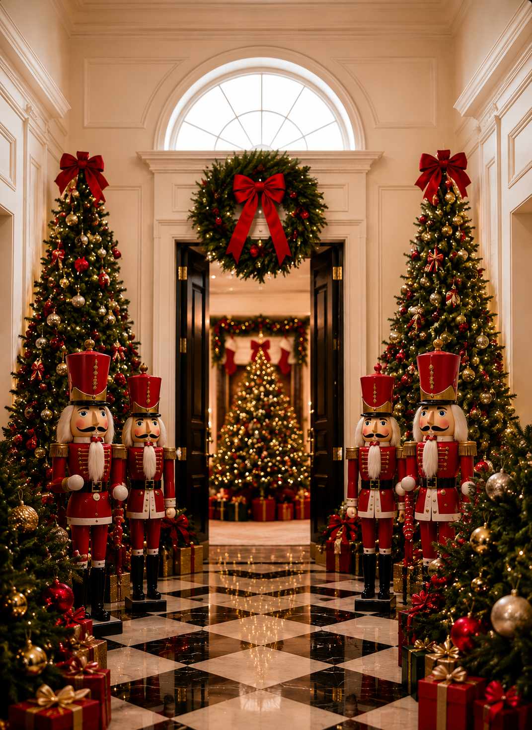 Christmas-decorated hallway with nutcracker figures, wreaths, trees, and a lit tree in the distance