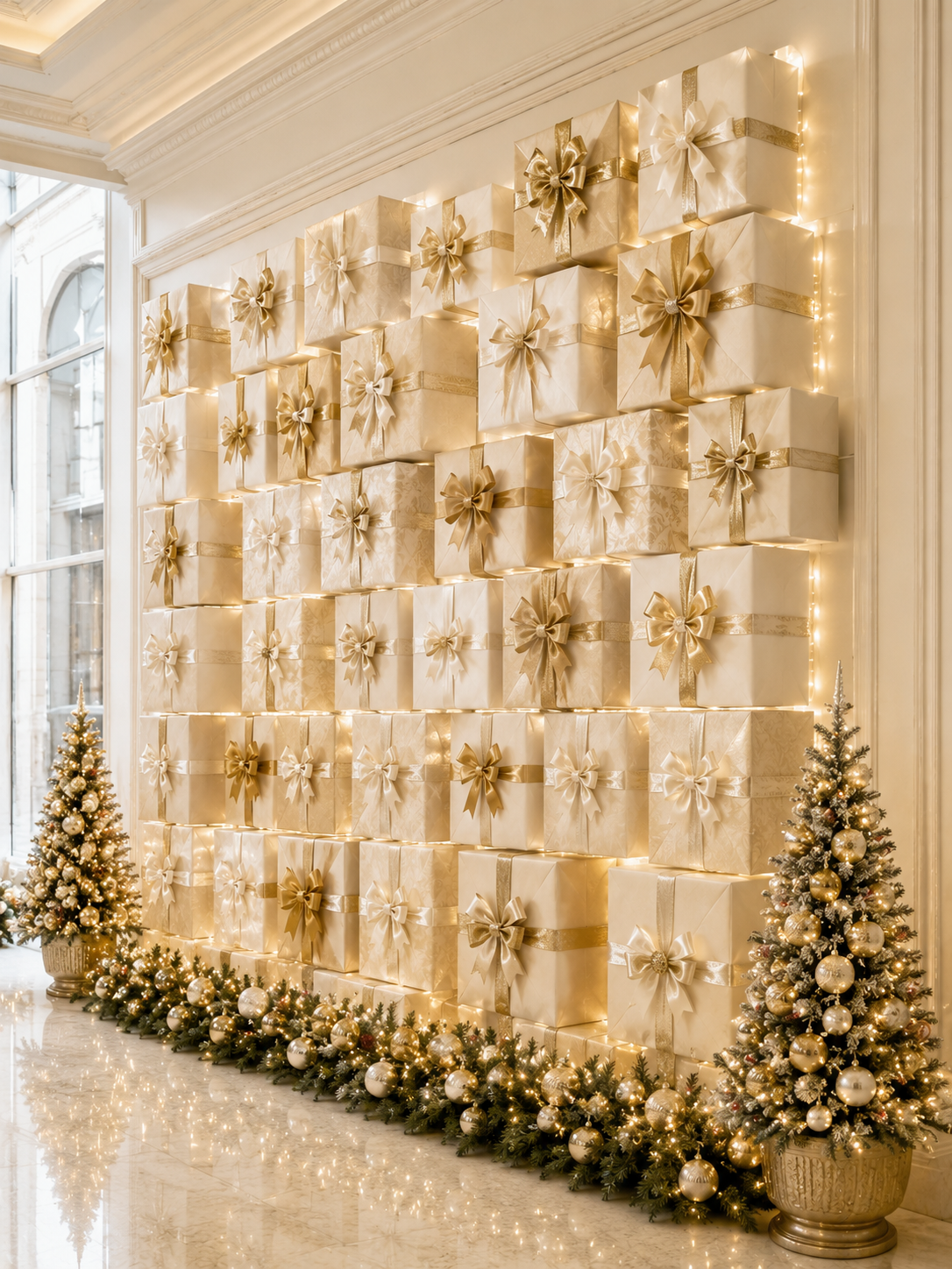 Elegant cream-and-gold Christmas wall display with lit gift boxes, garland, and two decorated trees