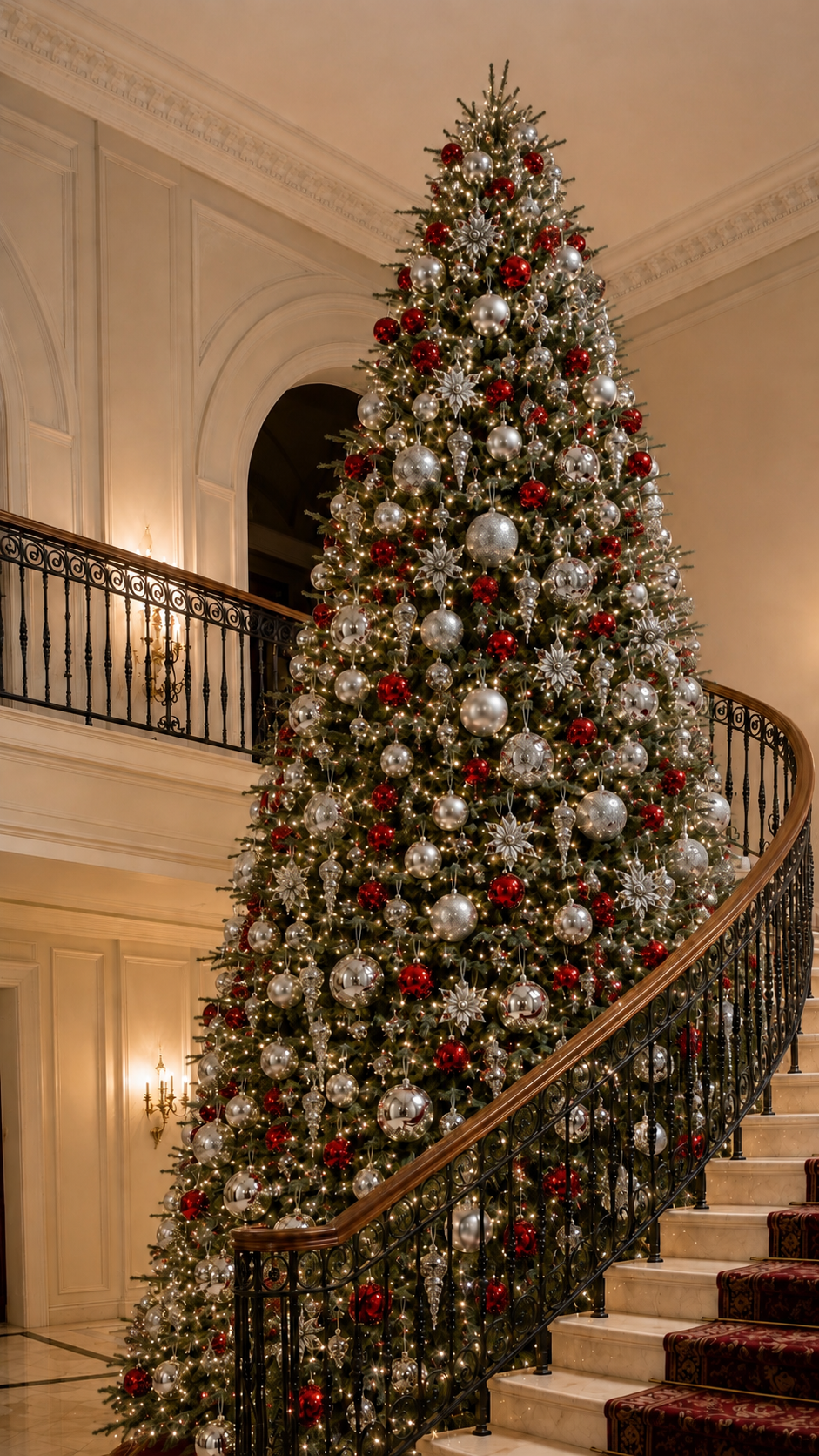 Tall decorated Christmas tree on a staircase in a grand interior with red ornaments and lights