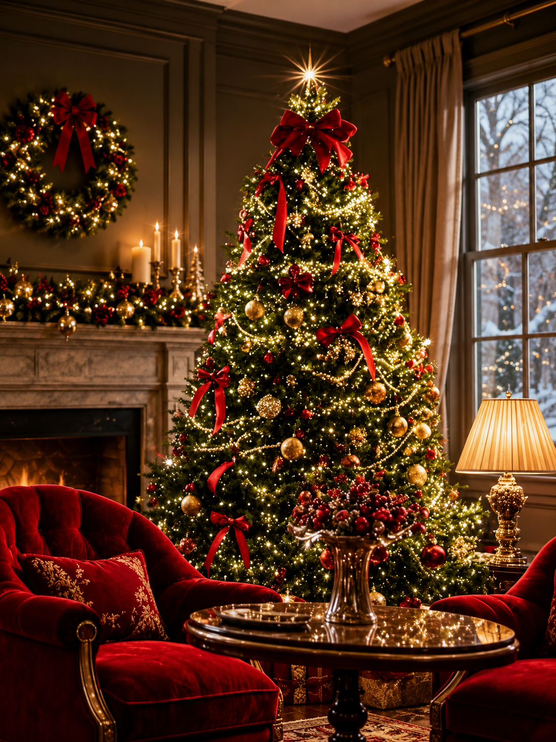 Elegant living room with a decorated Christmas tree, wreath, candles, and red velvet chairs by a fireplace.