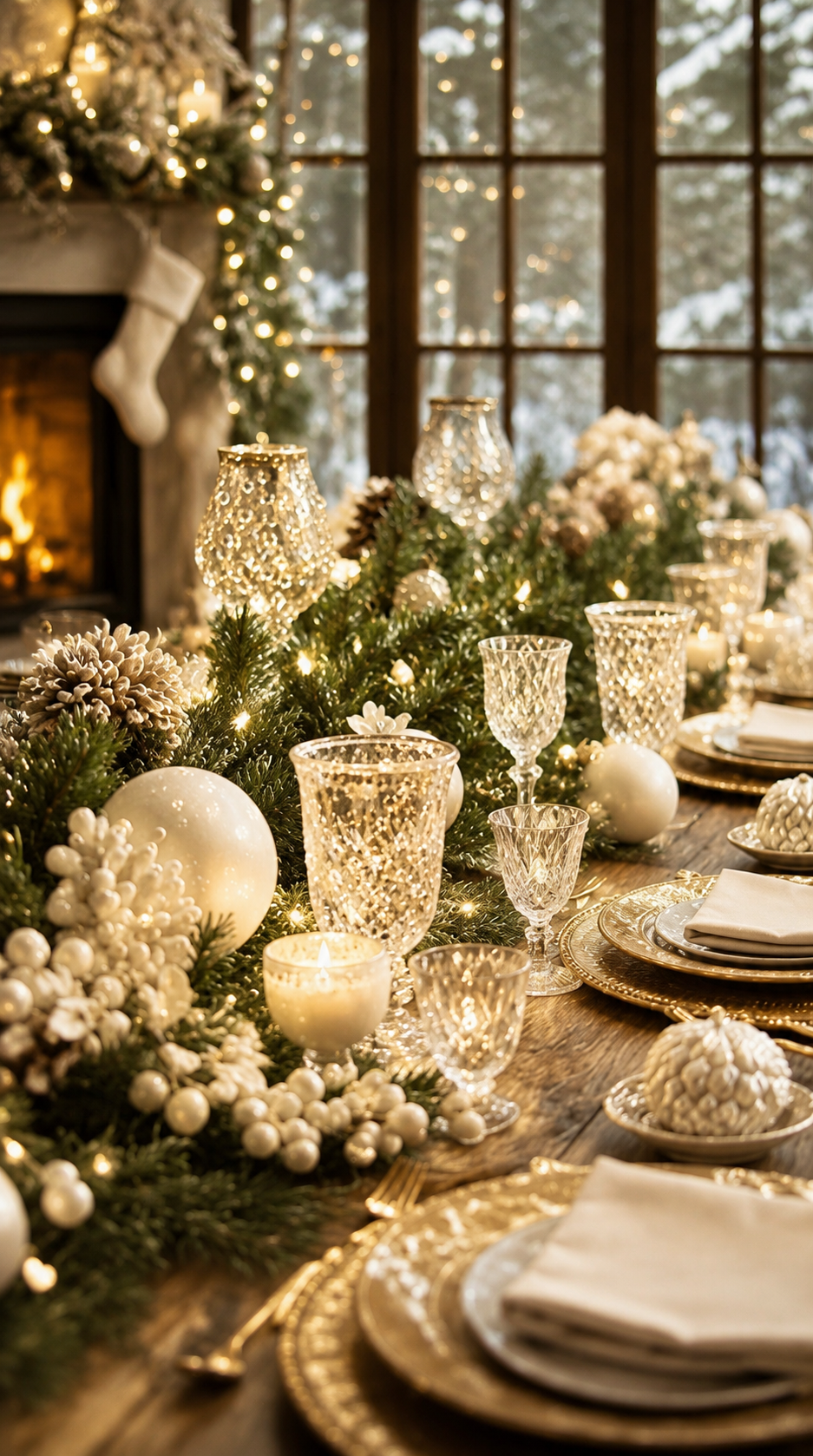 Elegant holiday table setting with gold candles, white ornaments, evergreen sprigs, and stacked plates by a window