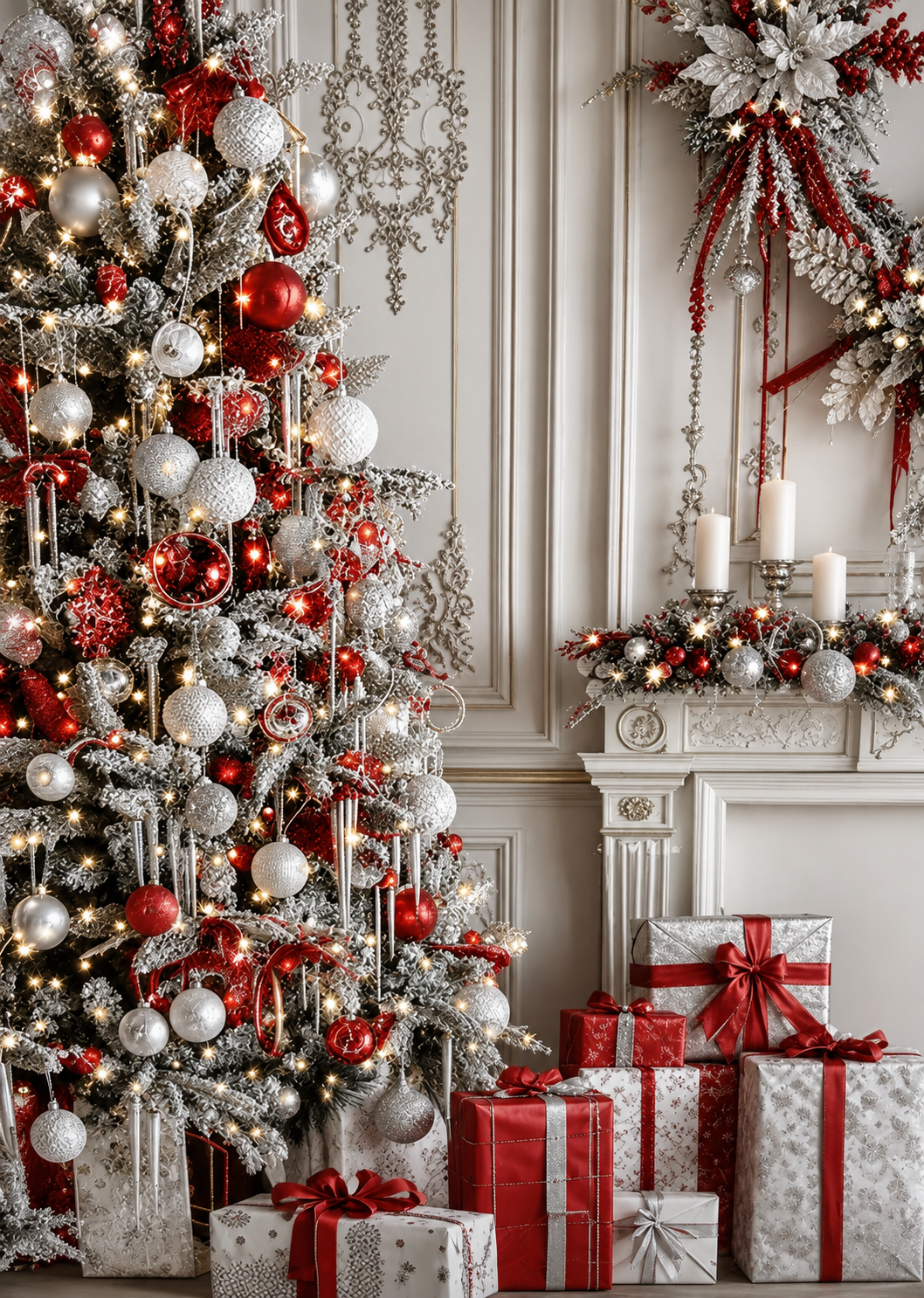 Christmas tree and fireplace decorated with red, white, and silver ornaments and wrapped gifts