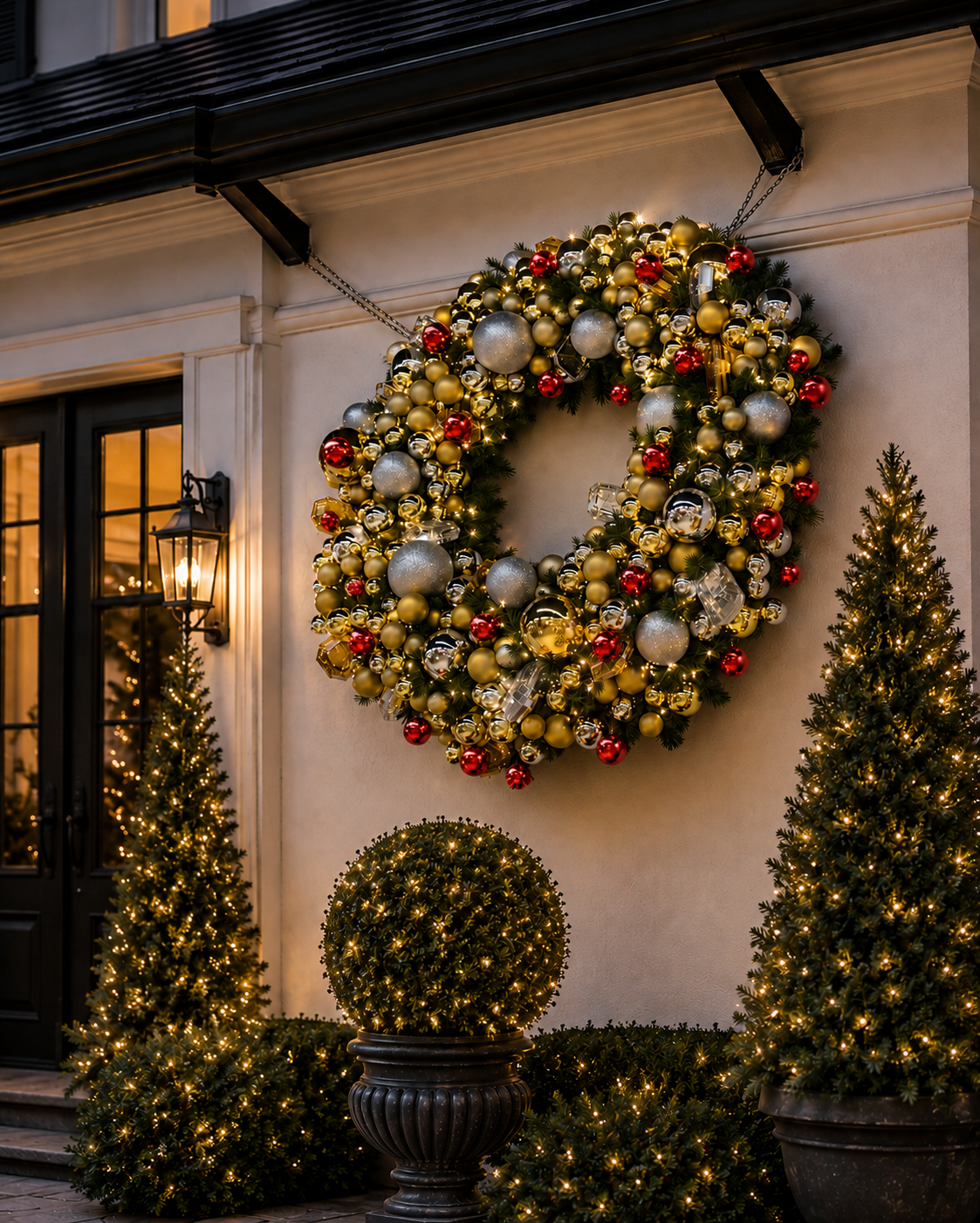 Festive holiday storefront with a large decorated wreath and lit Christmas trees at night