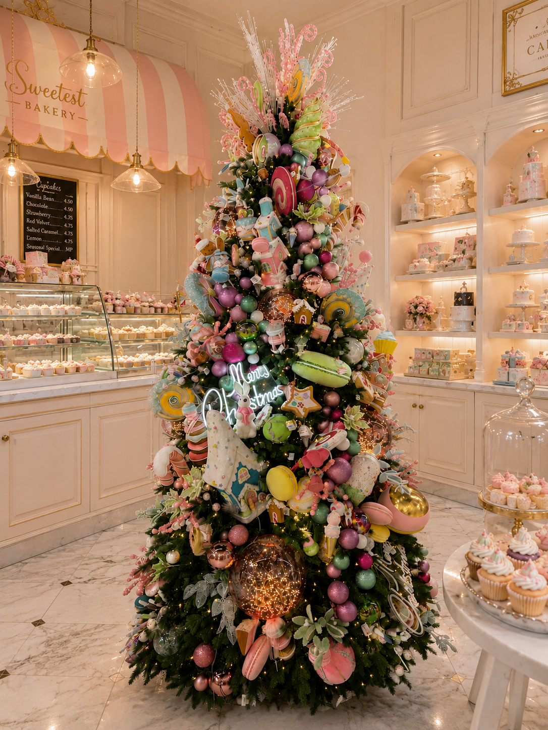 Tall Christmas tree decorated with pastel flowers, ornaments, and sweets in a pink bakery display room