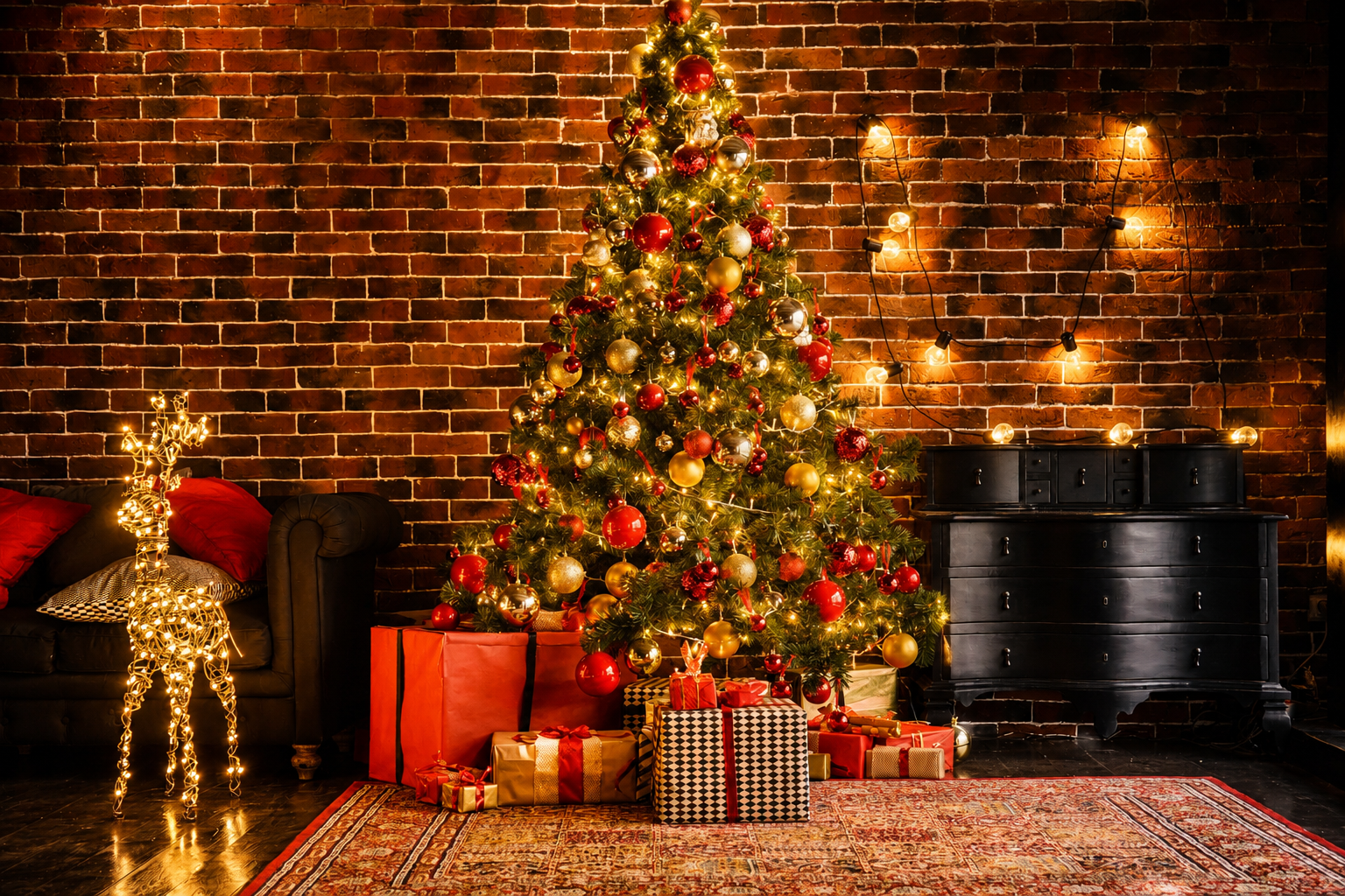 Christmas tree decorated with lights and ornaments beside gifts in a cozy living room with a brick wall and fireplace.