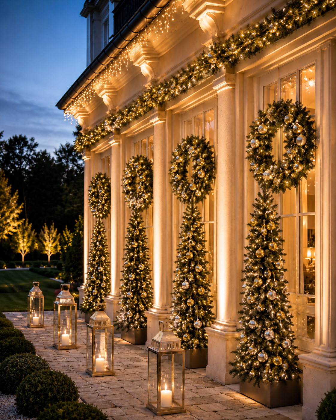 Elegant house exterior at dusk, lit with warm white holiday lights, wreaths, and lanterns by the walkway