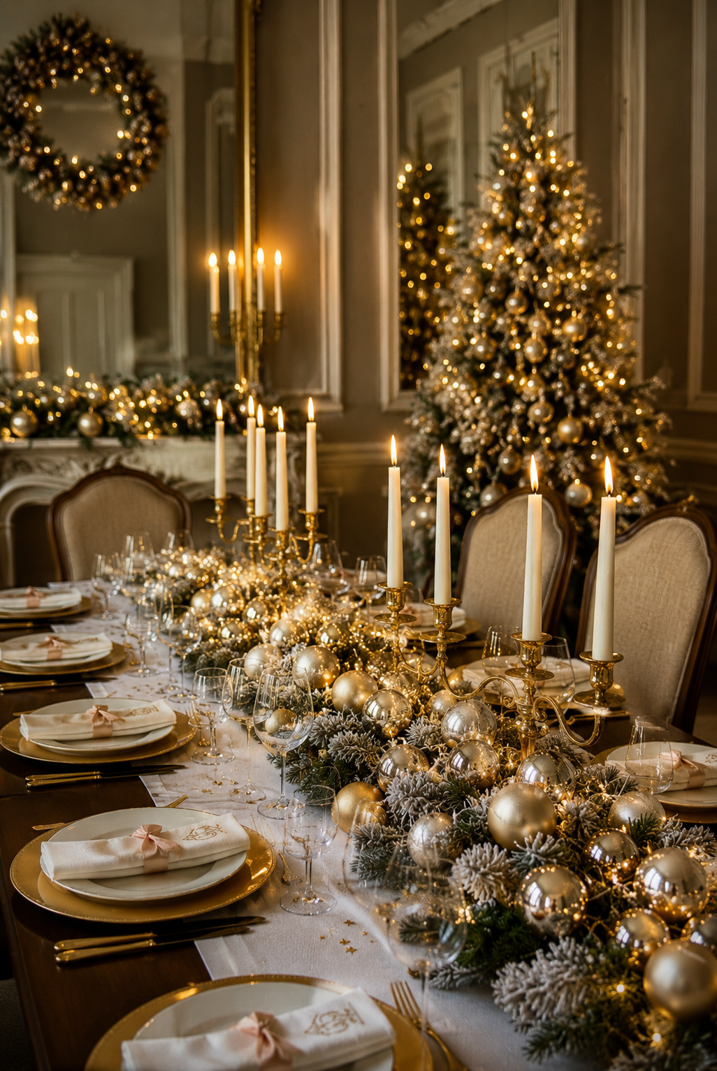 Festive dining table with gold decorations and a lit Christmas tree in an elegant room
