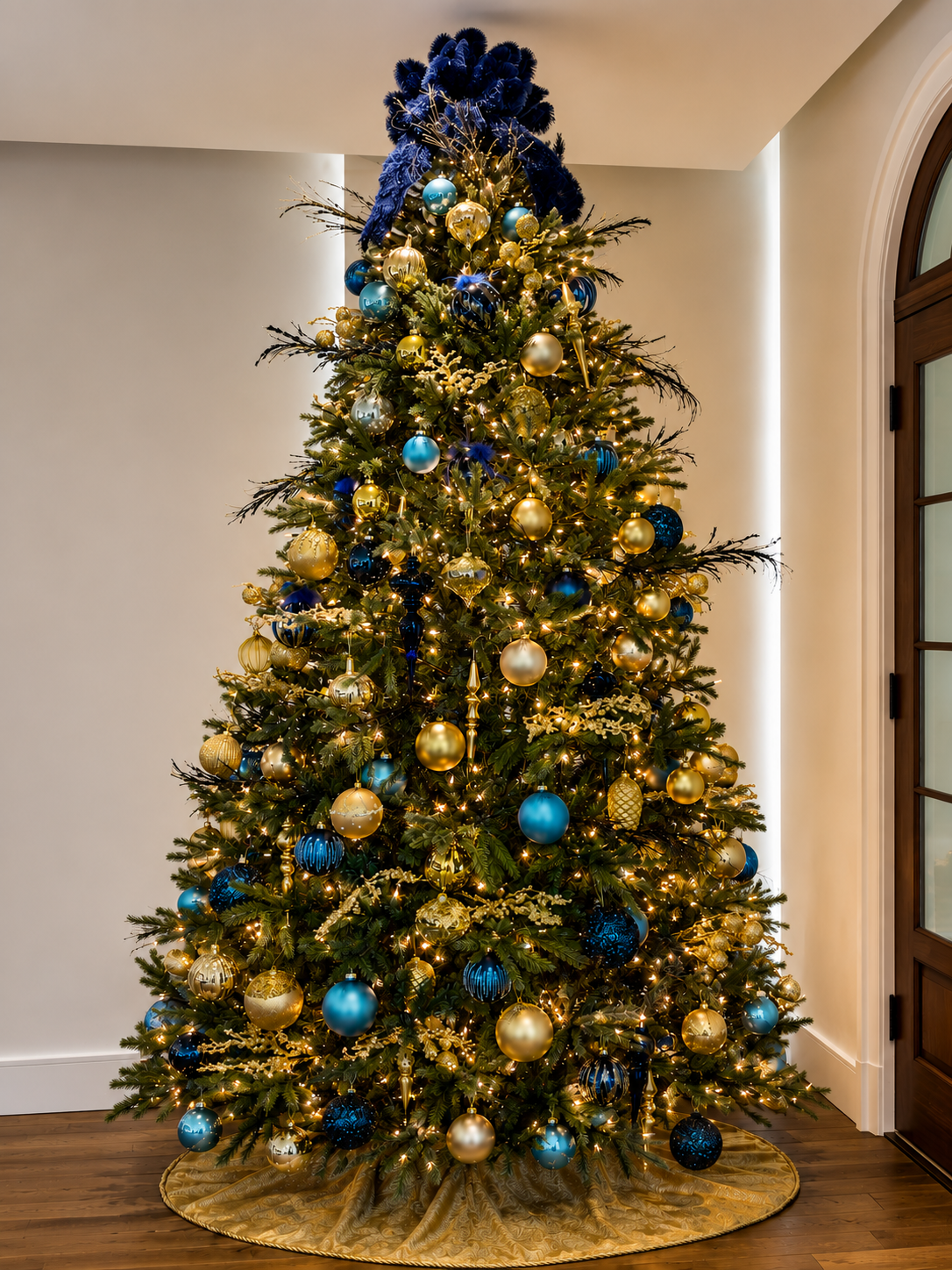 Decorated Christmas tree with gold lights and blue ornaments in a home corner
