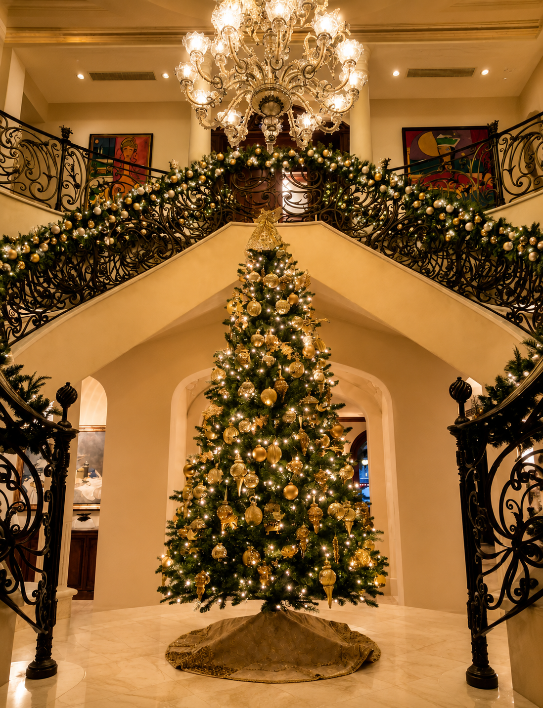 Elegant foyer with a large decorated Christmas tree, chandelier, and garland-lined staircase