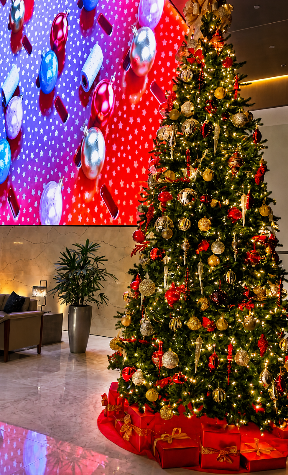Decorated Christmas tree with red ornaments and presents in a festive indoor lobby